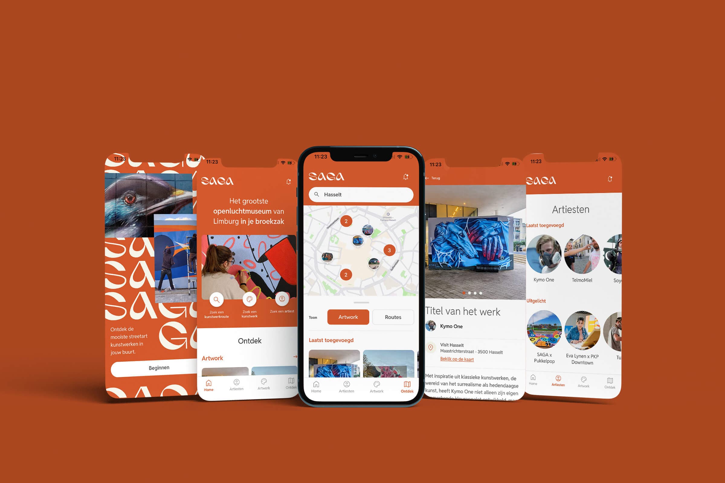 Mobiele weergave van meerdere schermen uit de app van SAGA