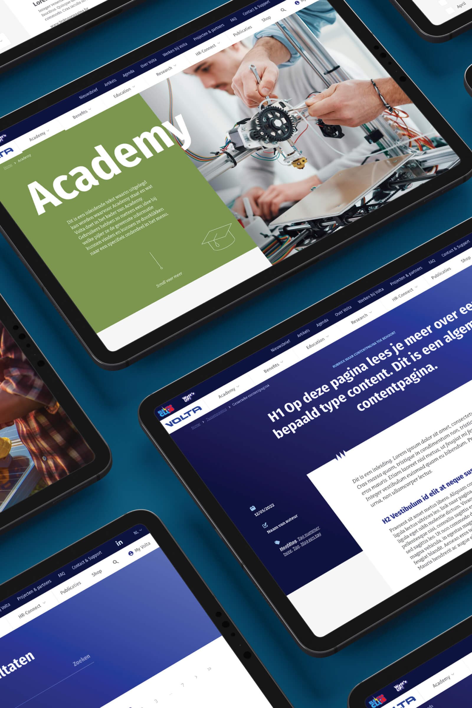 Desktop weergave van meerdere schermen van website Volta
