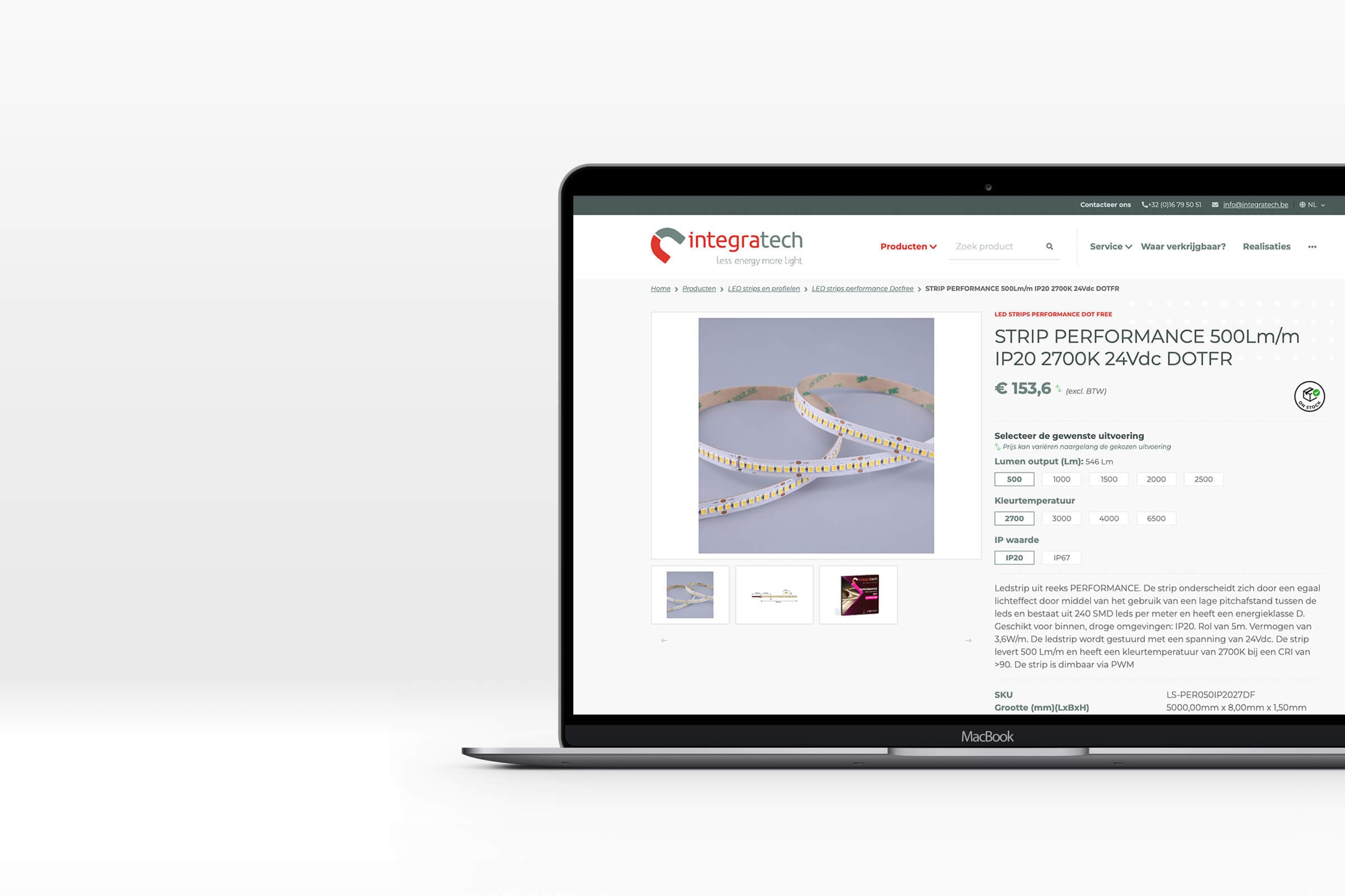 Desktop weergave van een productdetailpagina website Integratech