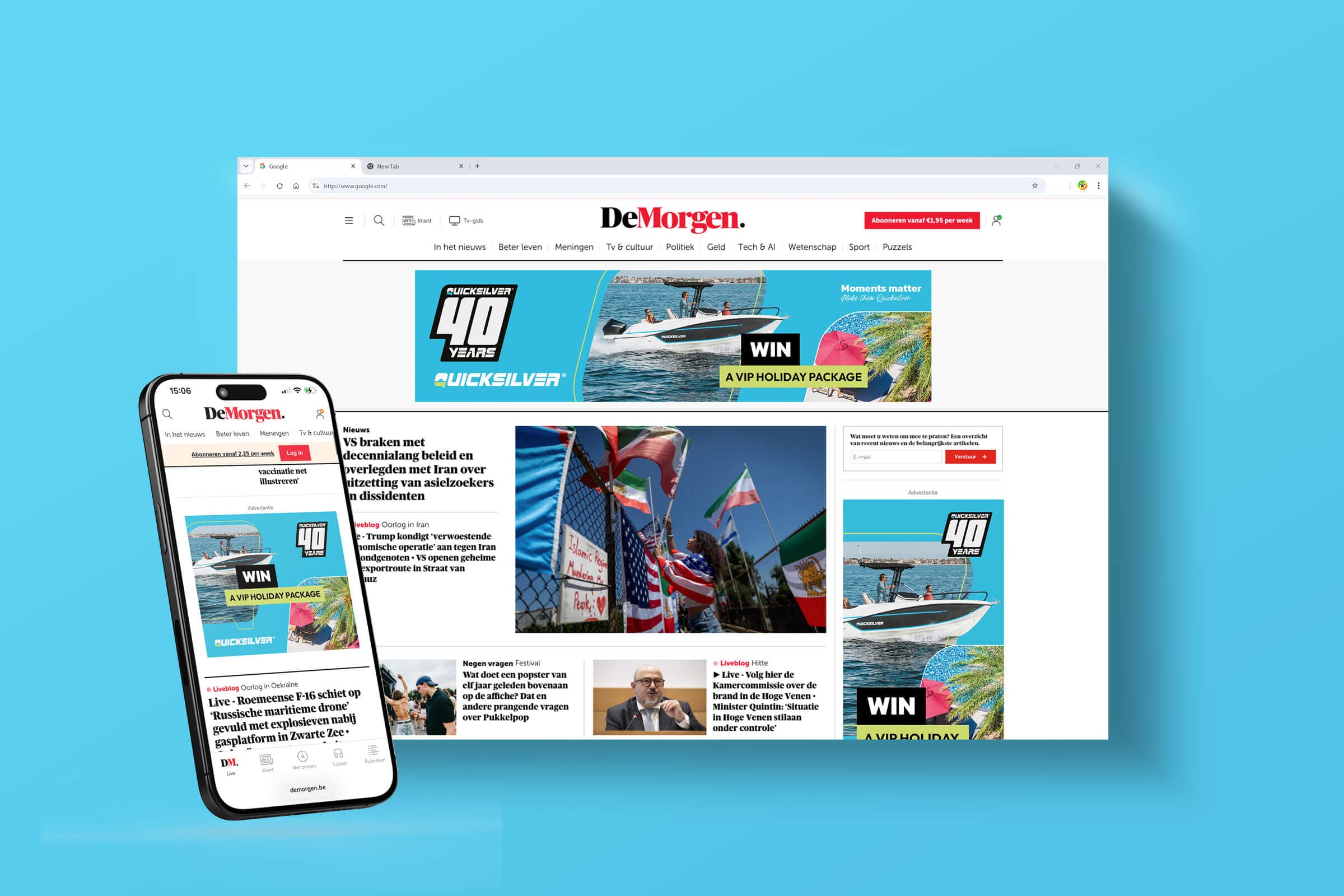 Digitale bannering op nieuwssite voor Quicksilver