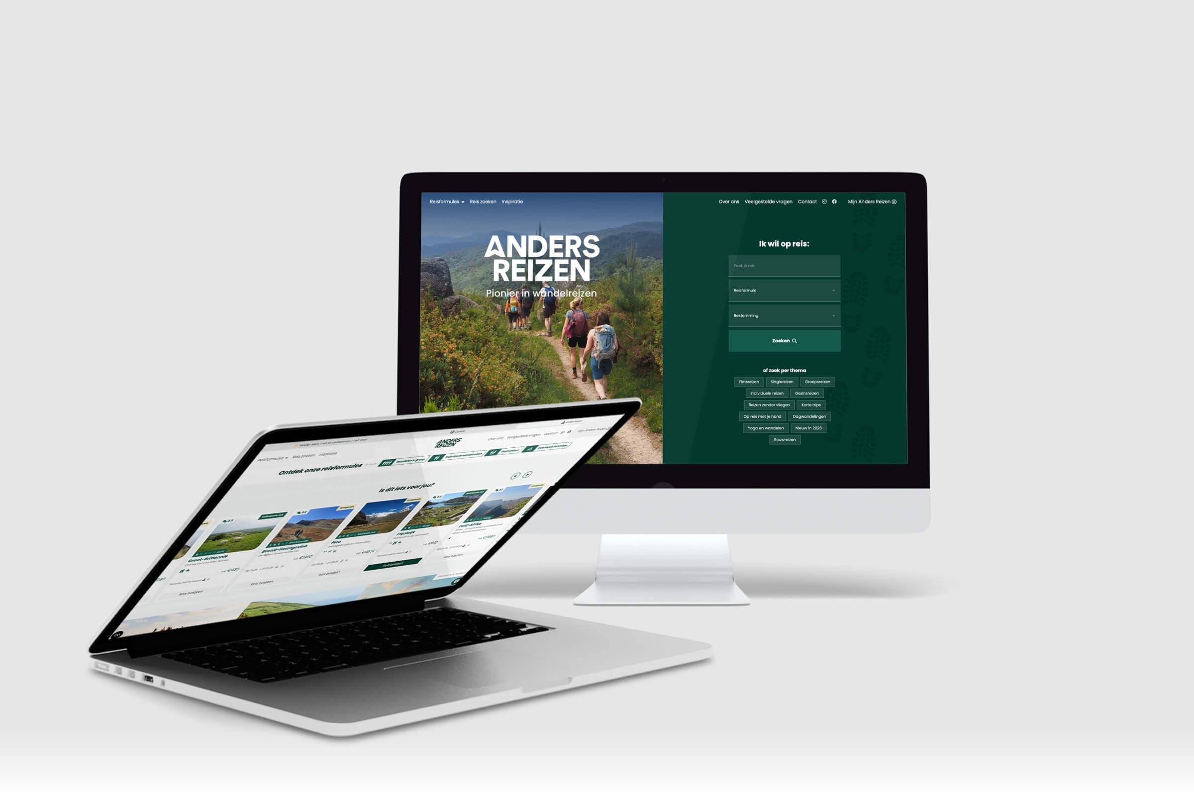 Desktop weergave van homepage en reispagina Anders Reizen