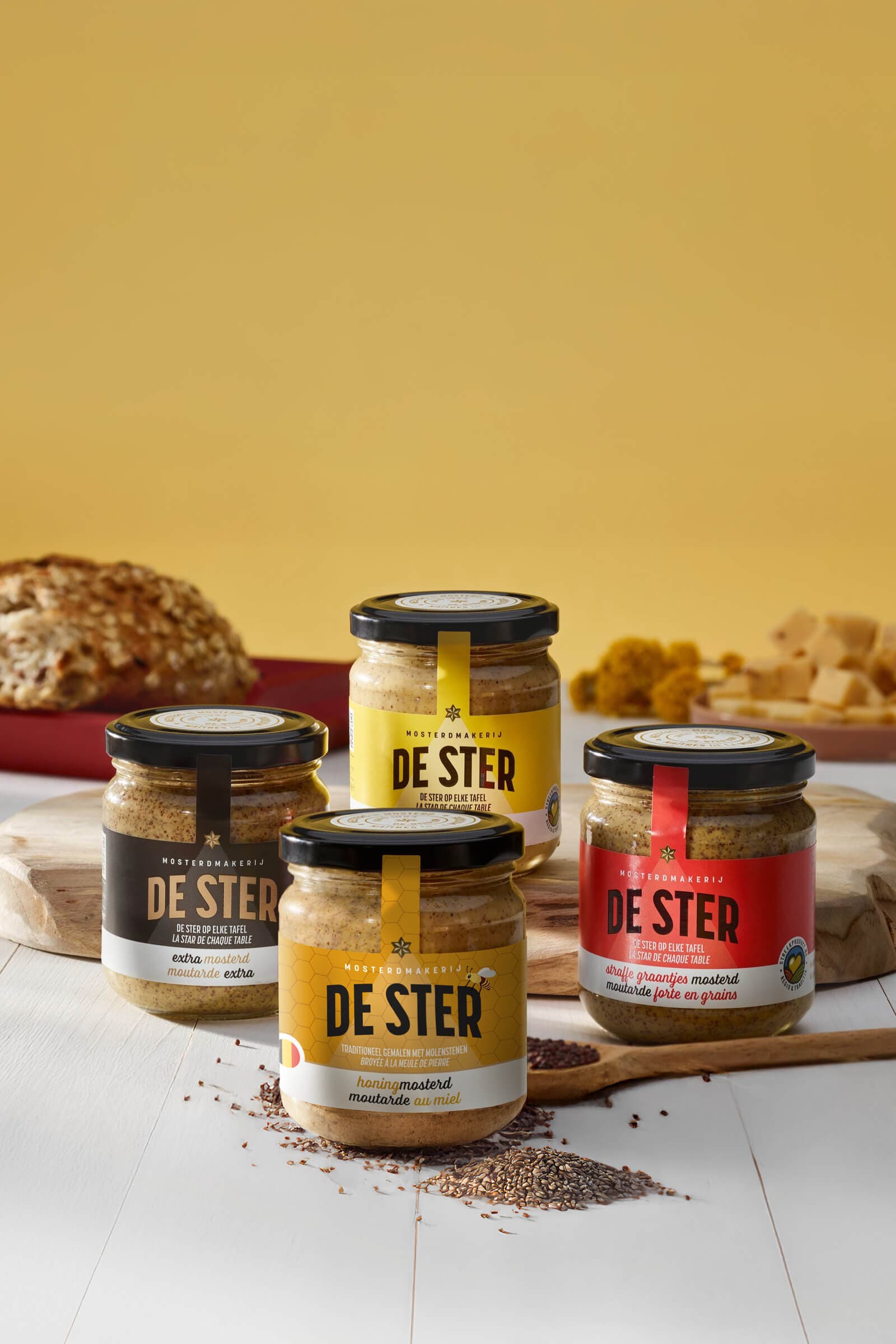 Labels voor 4 mosterdsoorten van Mosterd De Ster